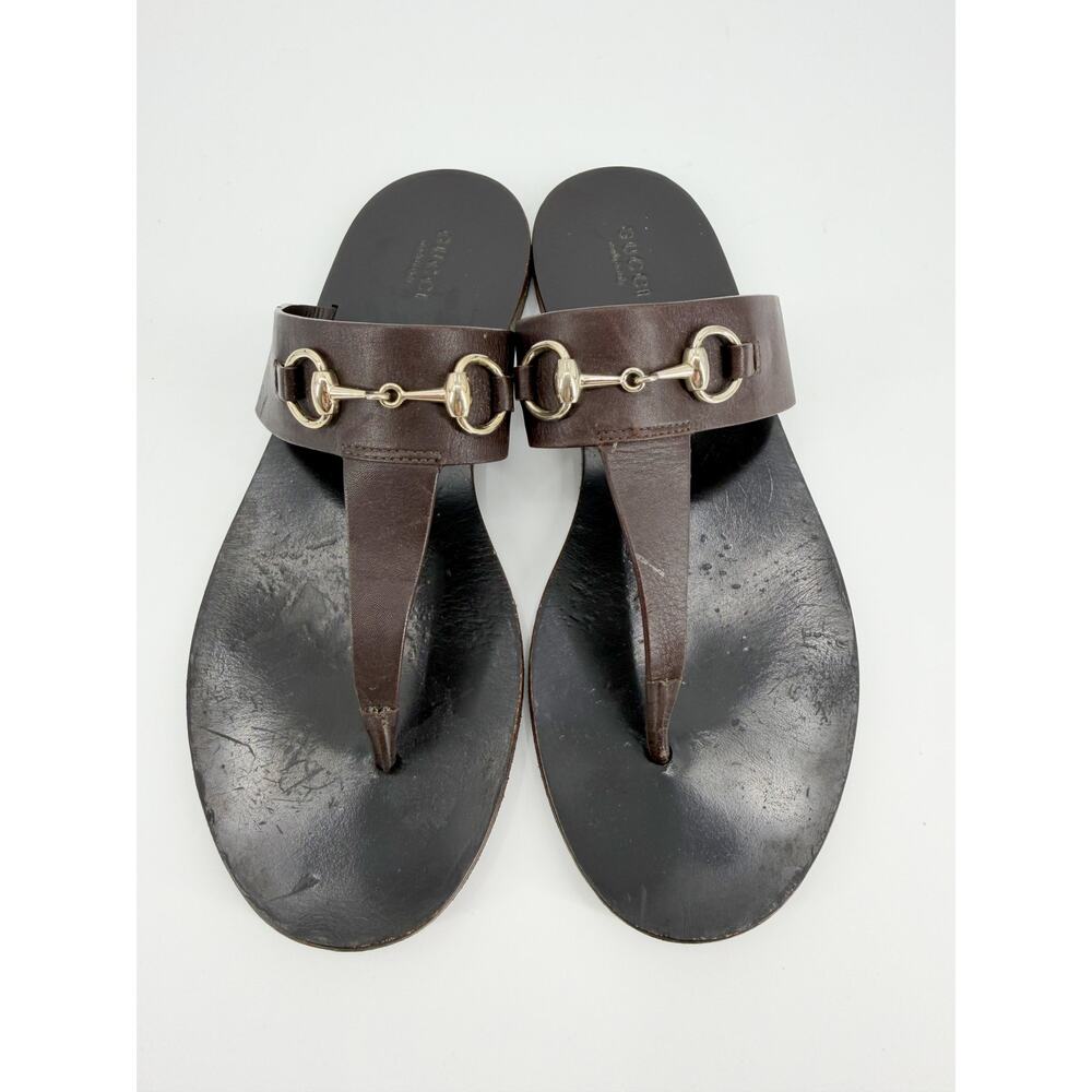 Gucci Horsebit Dark Brown Leather T Strap Thong Flat Sandals 38.5 EU 8.5 Italy